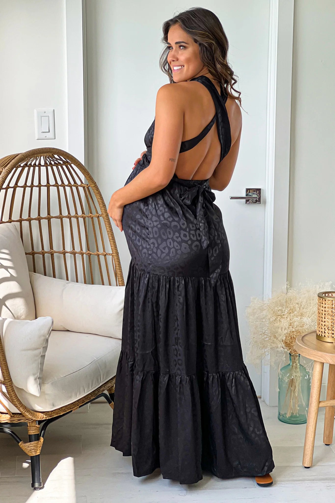 Black Animal Print Satin Maternity Maxi Dress