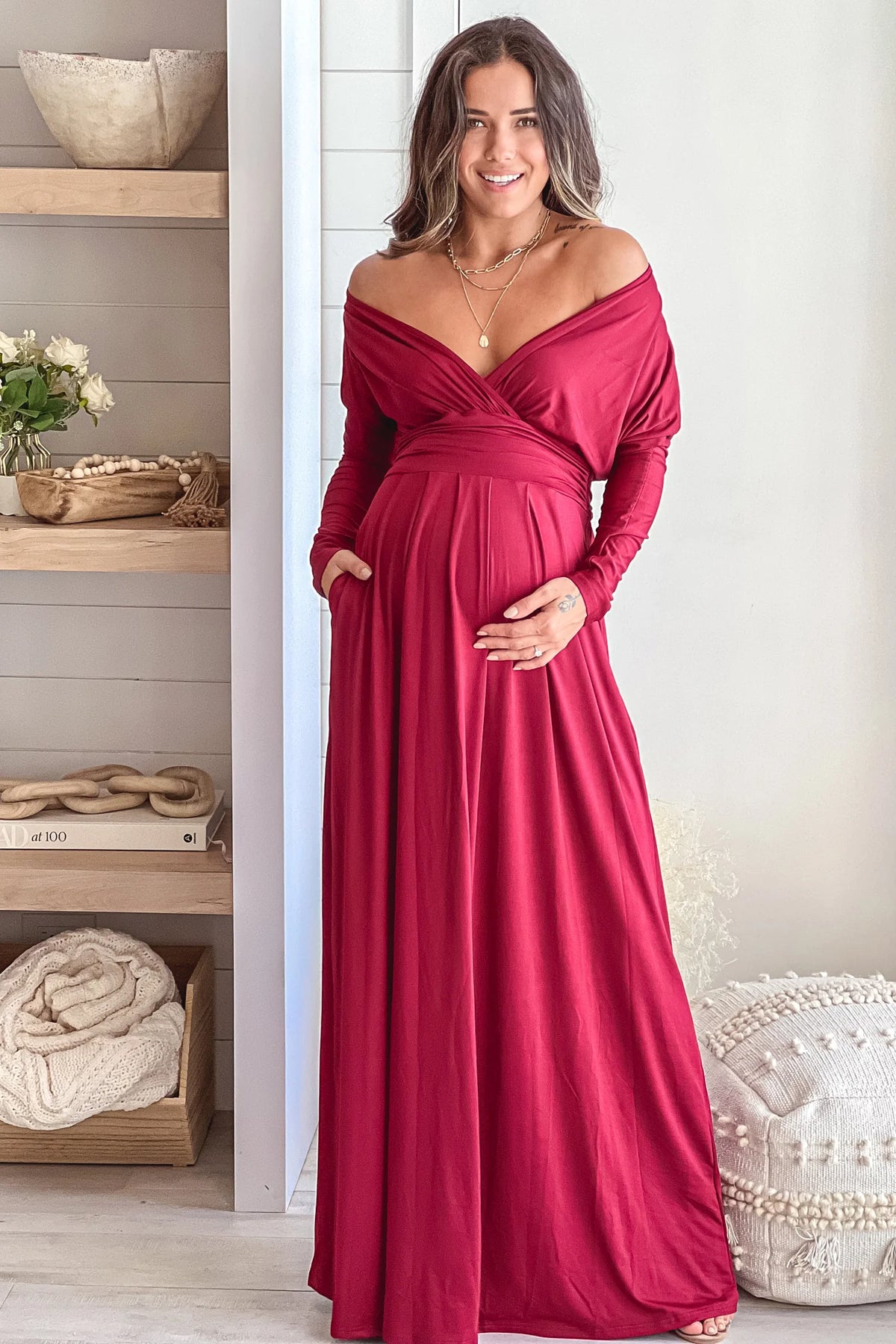 Burgundy Maternity Maxi Dress With Dolman Sleeves And Pockets