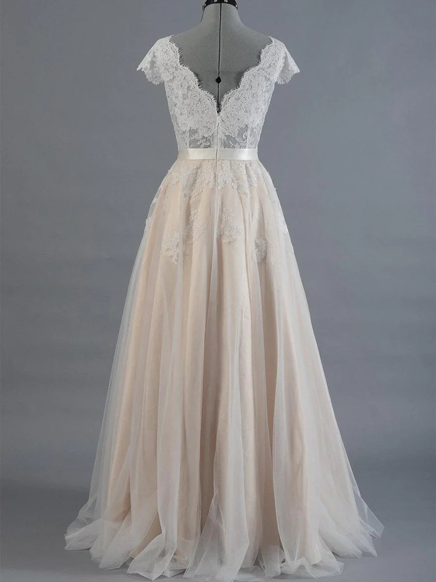 Cap Sleeve V Neck Lace Tulle Wedding Dress With Zipper Back