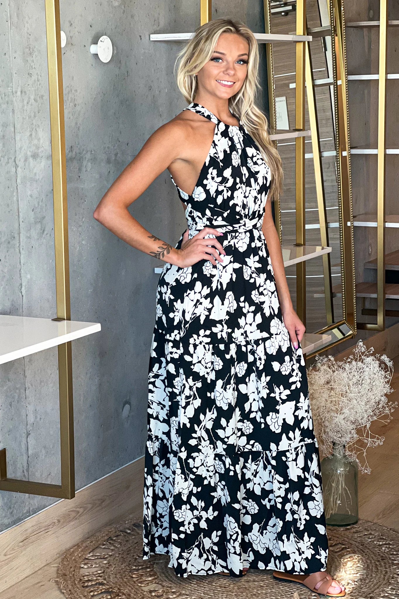 Black Printed Maxi Dress With Open Back