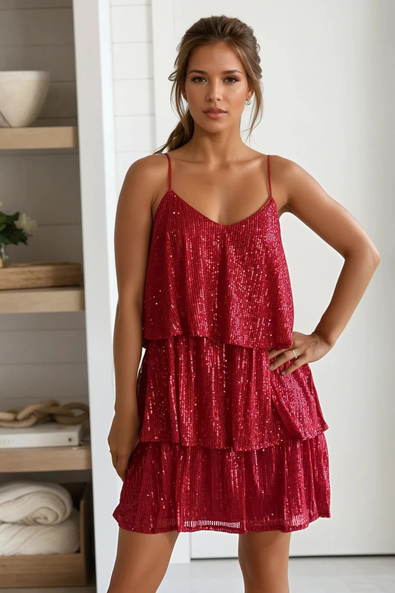 Red V Neck Tiered Mini Sequin Dress