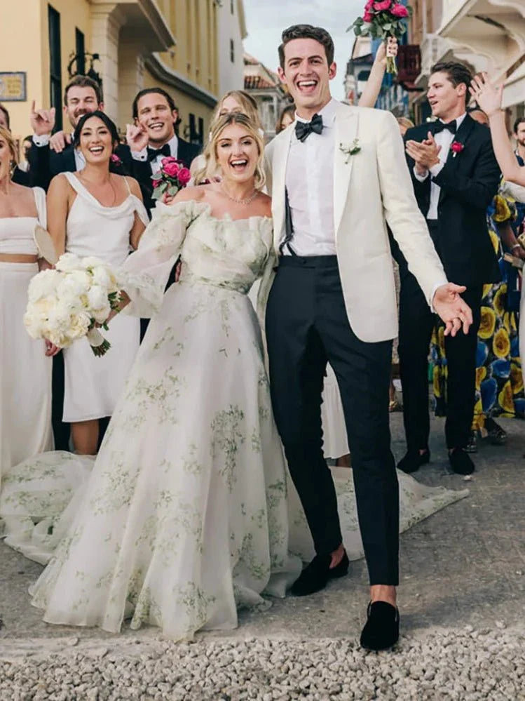 A Line Floral Appliqued Majesty Bridal Wedding Dress with Ruffles