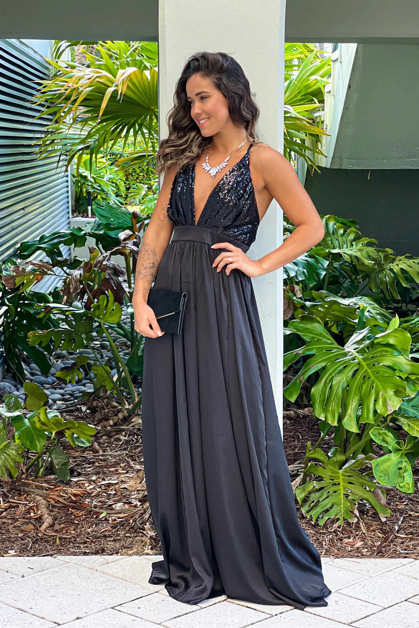 Black V Neck Sequin Top Maxi Dress