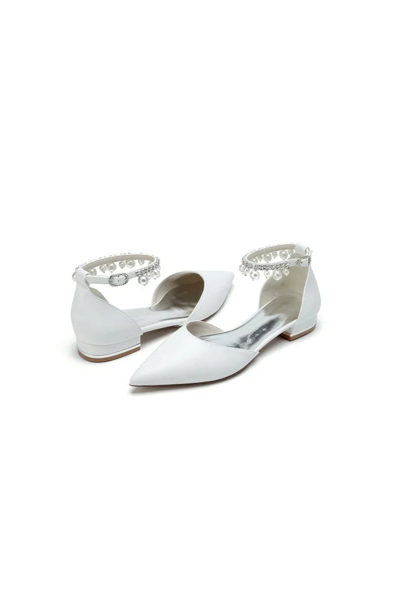 Pointed Toe Ankle Strap Pearl Beaded Low Heels