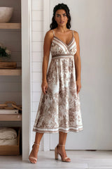 Beige Printed V Neck A Line Dress