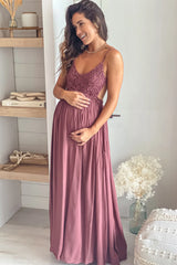 Brick Crochet Top Maternity Maxi Dress with Frayed Hem