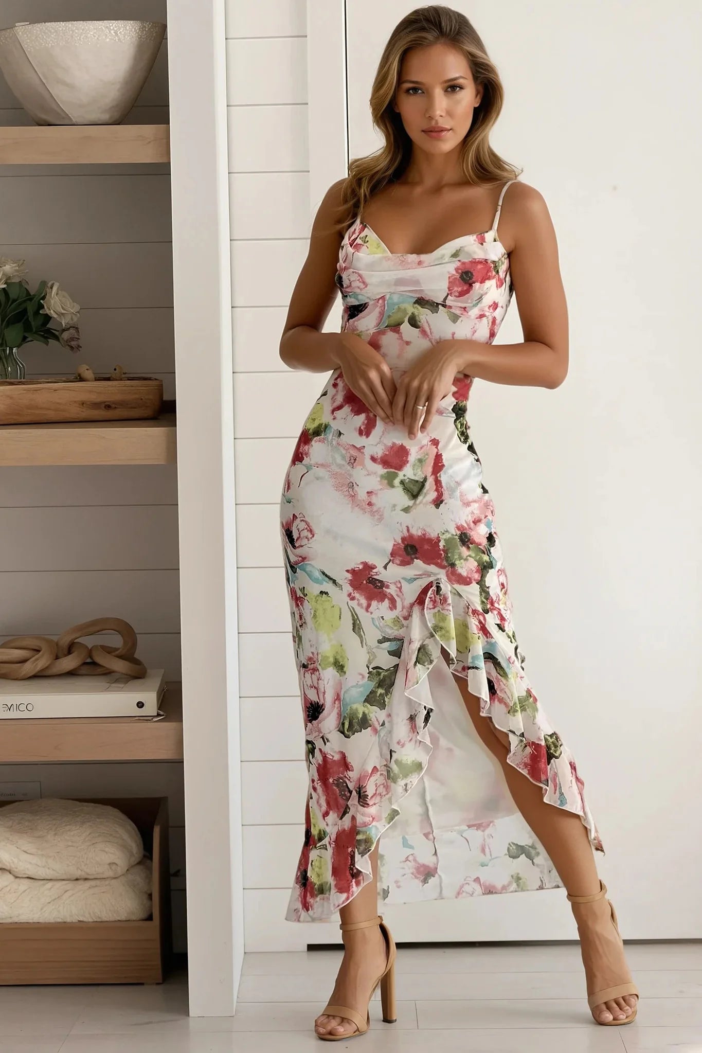 Ivory Floral Mesh Ruffled Dress