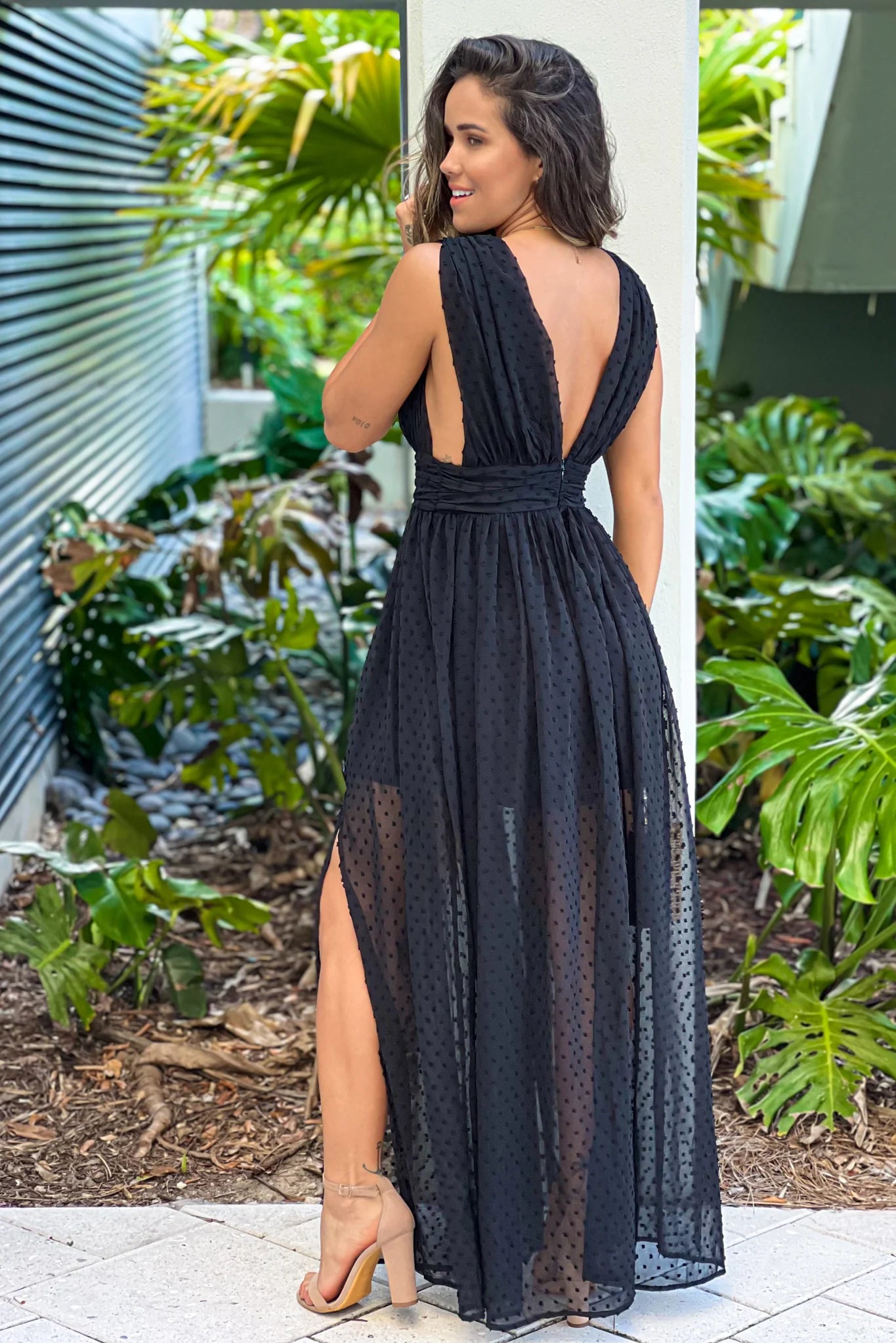 Black Swiss Dot Deep V Neck Maxi Dress