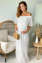 Off White Lace Off Shoulder Maternity Maxi Dress