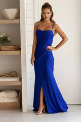 Royal Blue Pleated Cowl Neck Maxi Dress