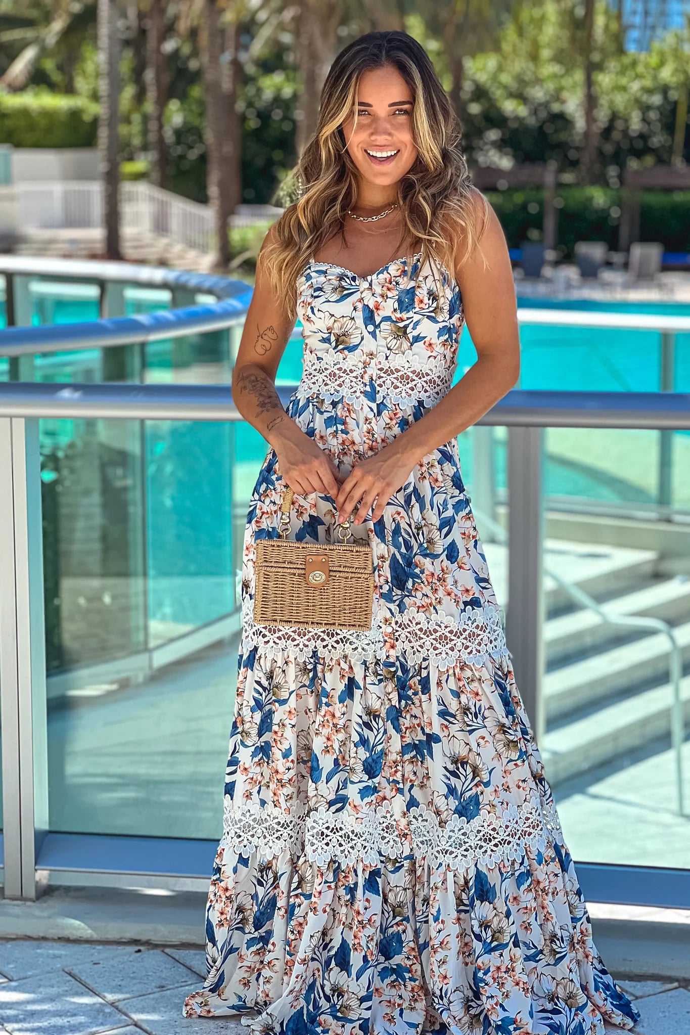 Ivory Floral Maxi Dress With Crochet Trim And Slit