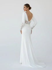 Casual V neck mermaid Sweep Train Long Sleeve Wedding Dress With Slit