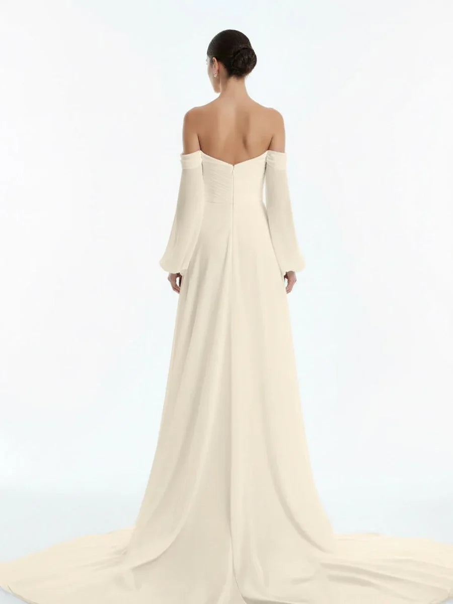 A Line Sweetheart Long Sleeves Chiffon Sweep Train Wedding Dress