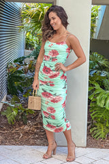 Mint Floral Ruched Midi Dress