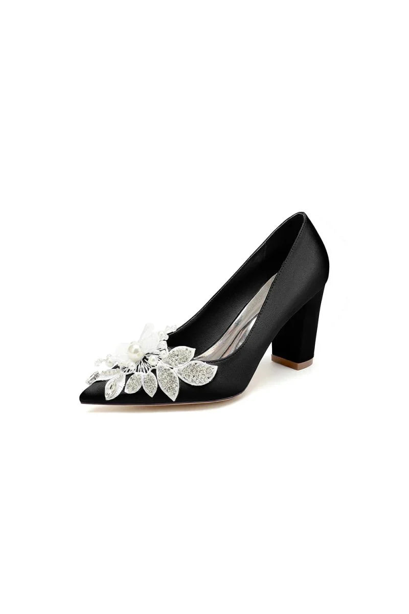 Floral Beaded Pointed Toe Chunky Heel