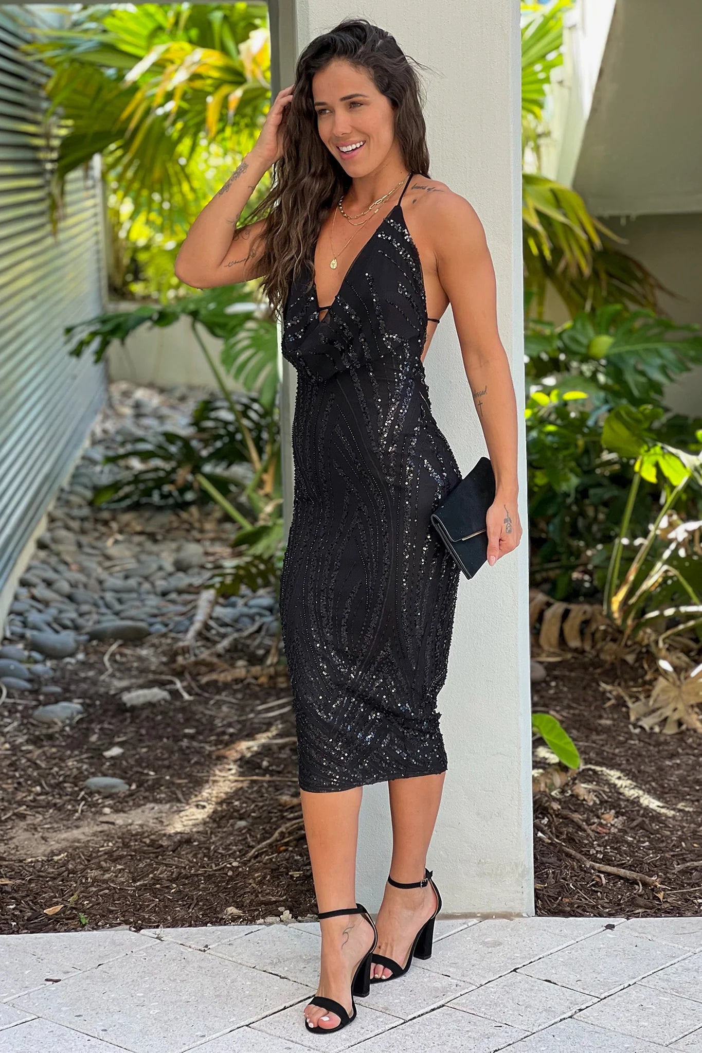 Black Sequin Cowl Neck Midi Dress