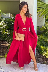 Burgundy Maxi Dress With Belt