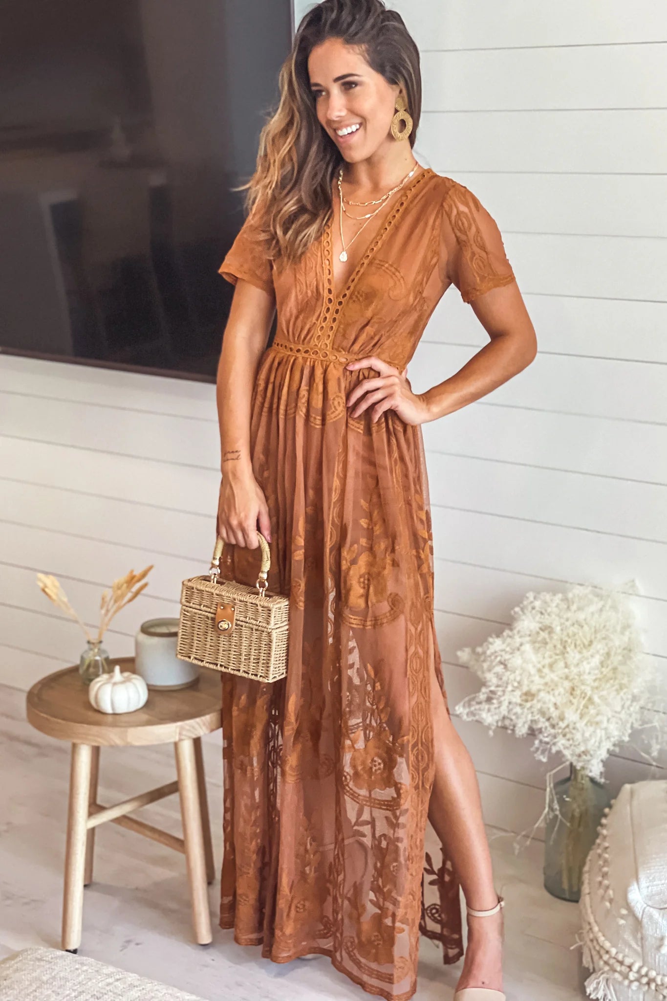 Espresso Lace Maxi Romper with Sleeves and Slits