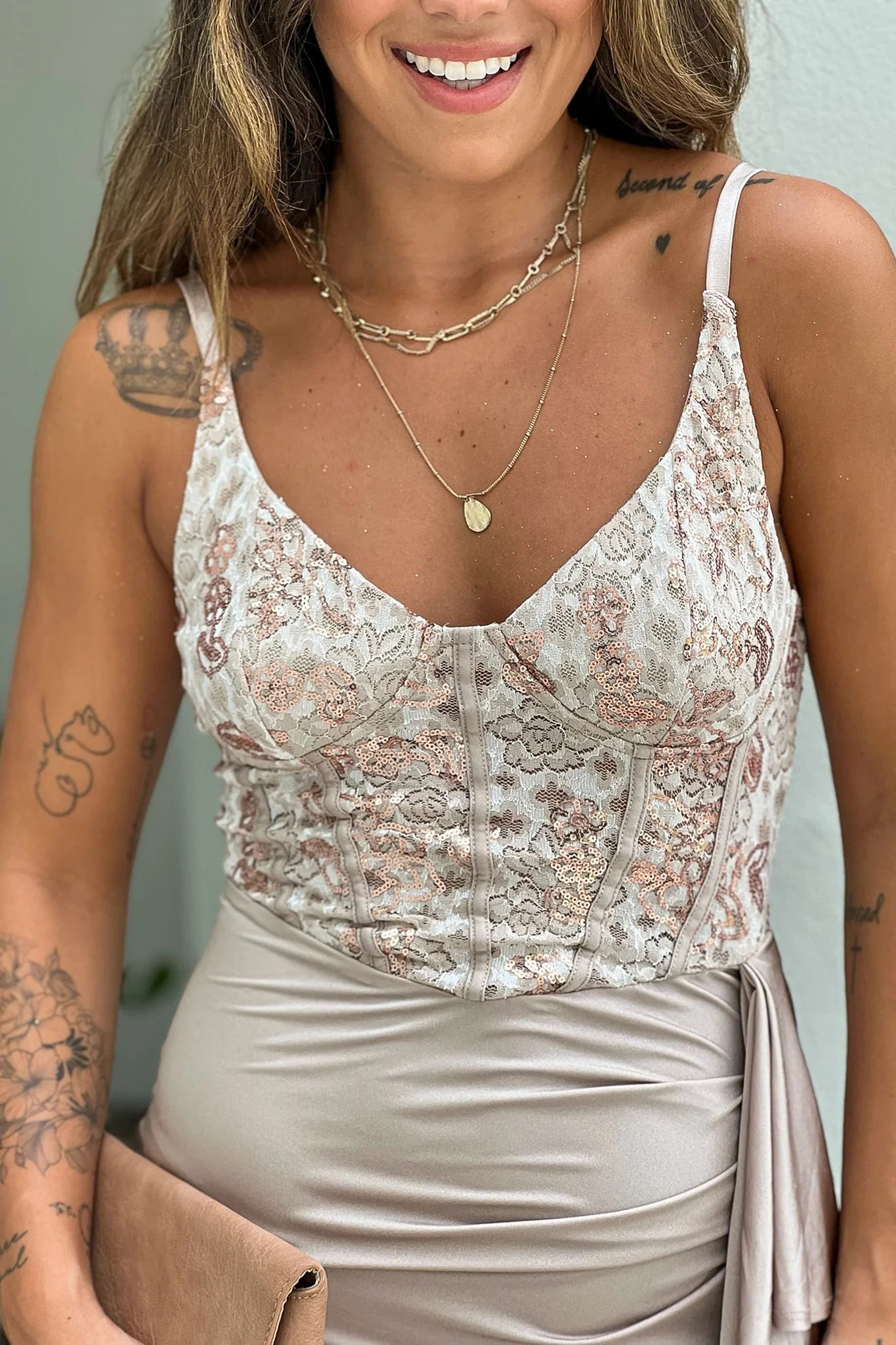Champagne Corset Top Maxi Dress With Slit