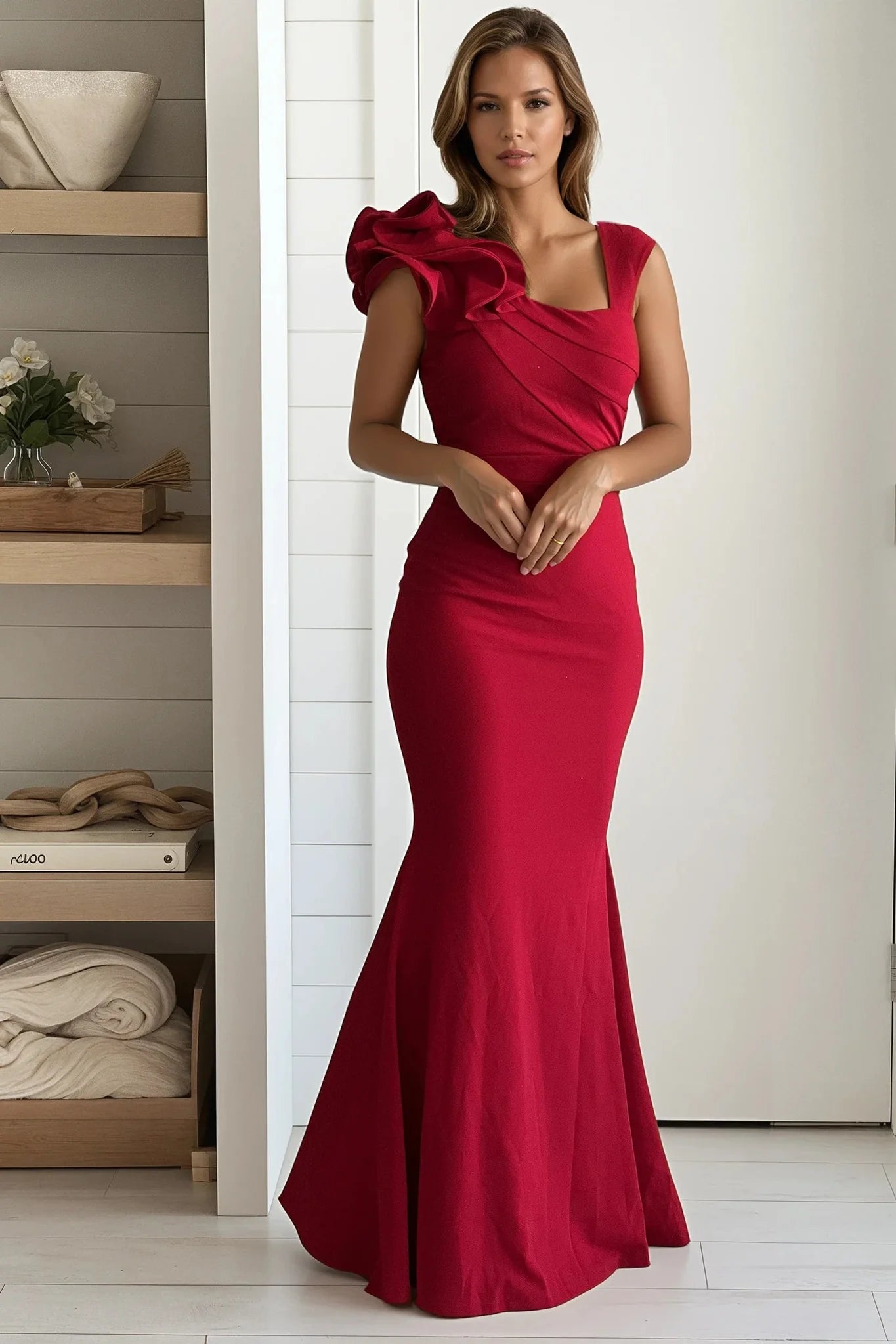 Red Layered Ruffled One Shoulder Maxi Dress