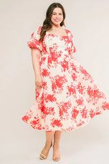 COTTAGE GARDEN PUFF SLEEVE MIDI DRESS RED