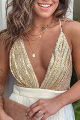 Gold Tulle Maxi Dress With Sequin Top And Criss Cross Back
