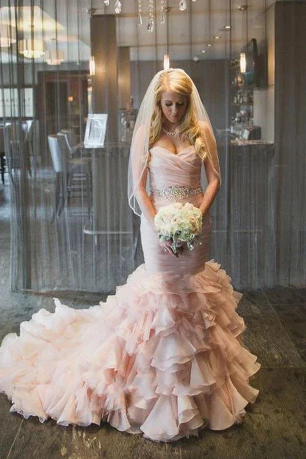 Sweetheart Tiered Train Organza Mermaid Pink Wedding Dress with Beading