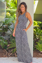 Black Leopard Print Maxi Dress With Pockets