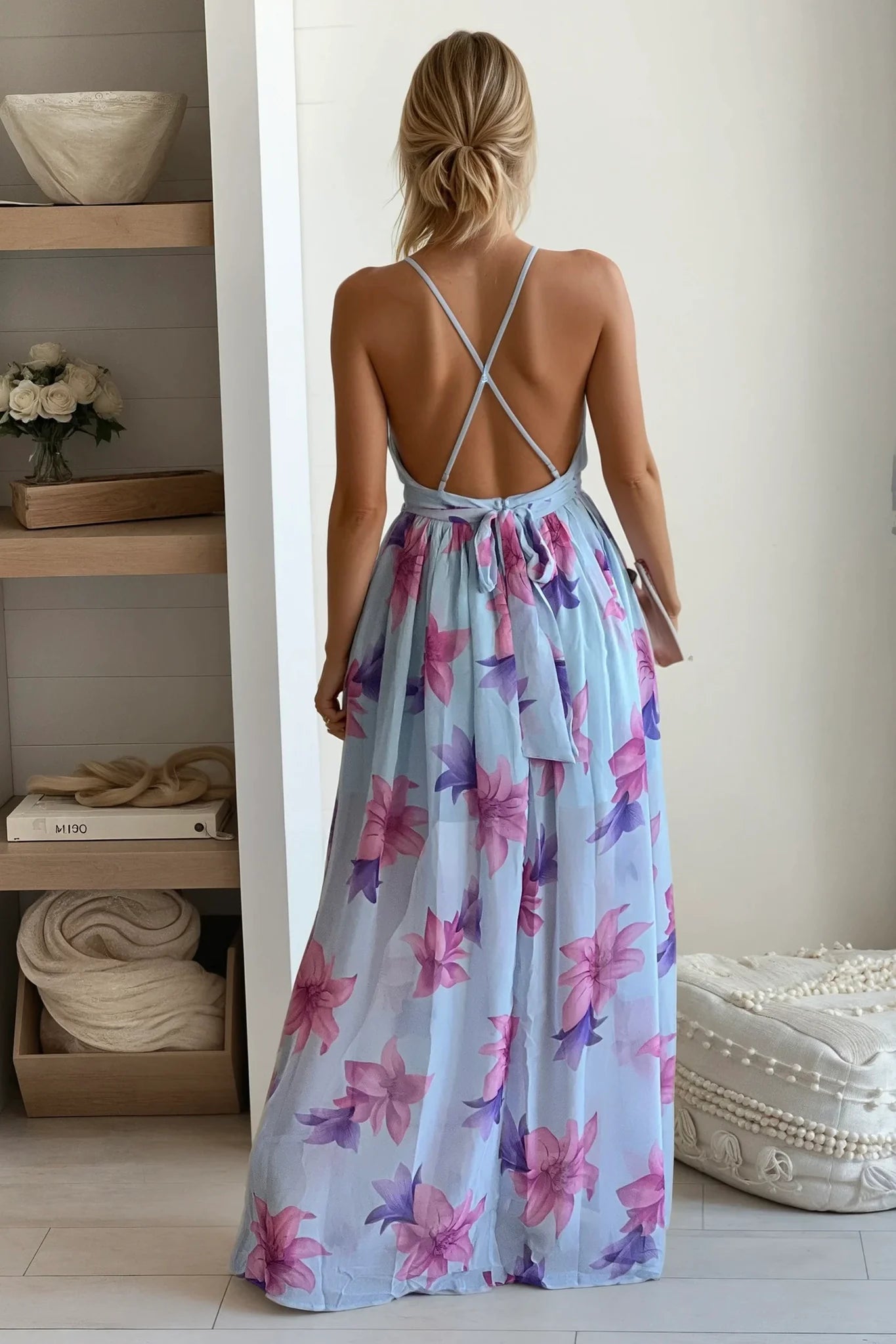 Light Blue Floral Maxi Dress With Criss Cross Back