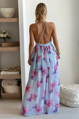 Light Blue Floral Maxi Dress With Criss Cross Back