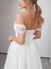 Sweet A Line Off The Shoulder Little White Tulle Wedding Dresses