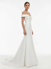 Chic Satin Off the Shoulder Sleeveless Sweep Train Bridal Dress