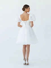 A Line Square Neck Short Wedding Dress With Puffy Pearls Sleeves