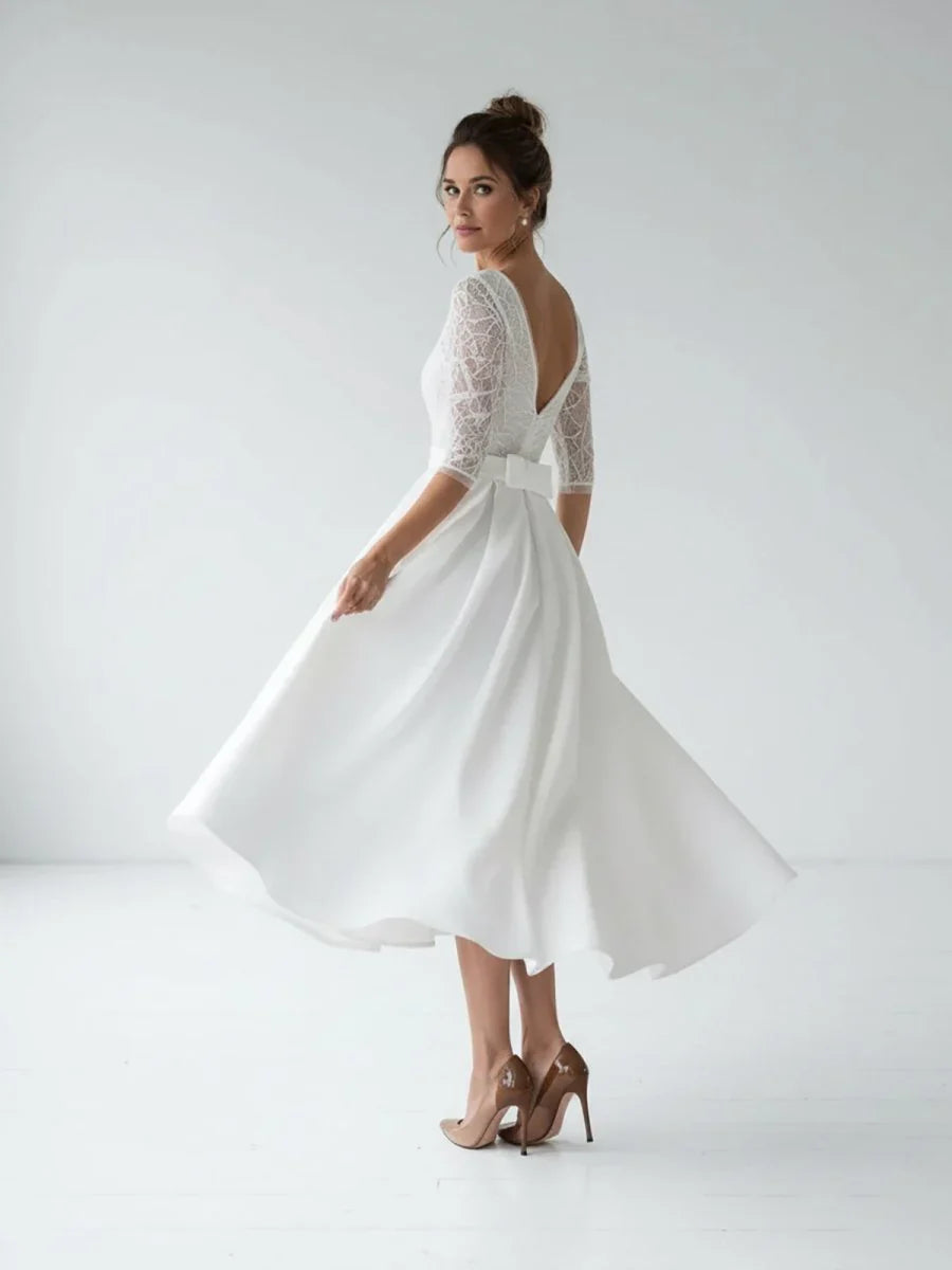 Satin V neck A Line Tea length Wedding Dress with Ruching and Sash