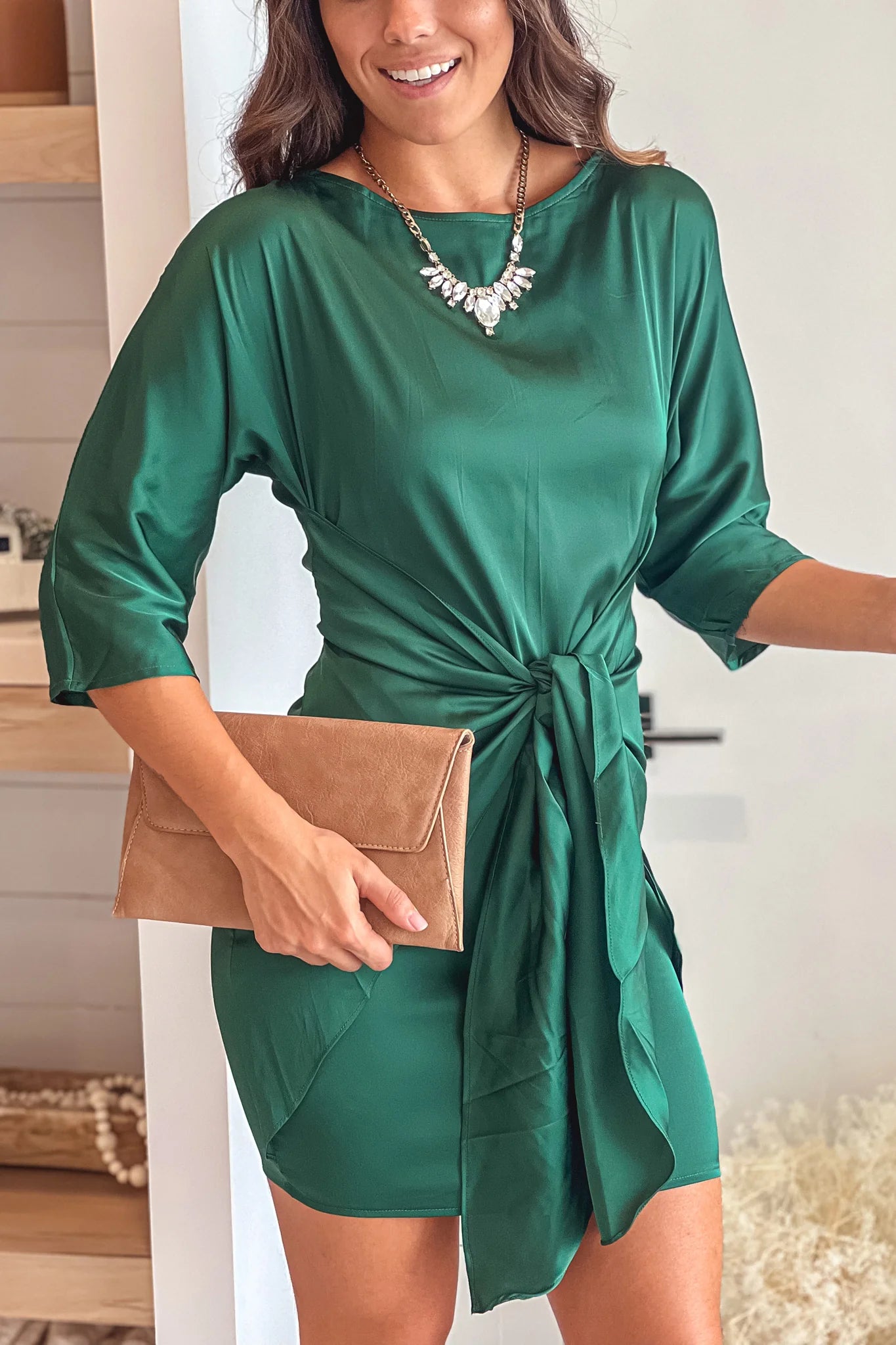 Hunter Green Satin Short Dress With Knot Detail