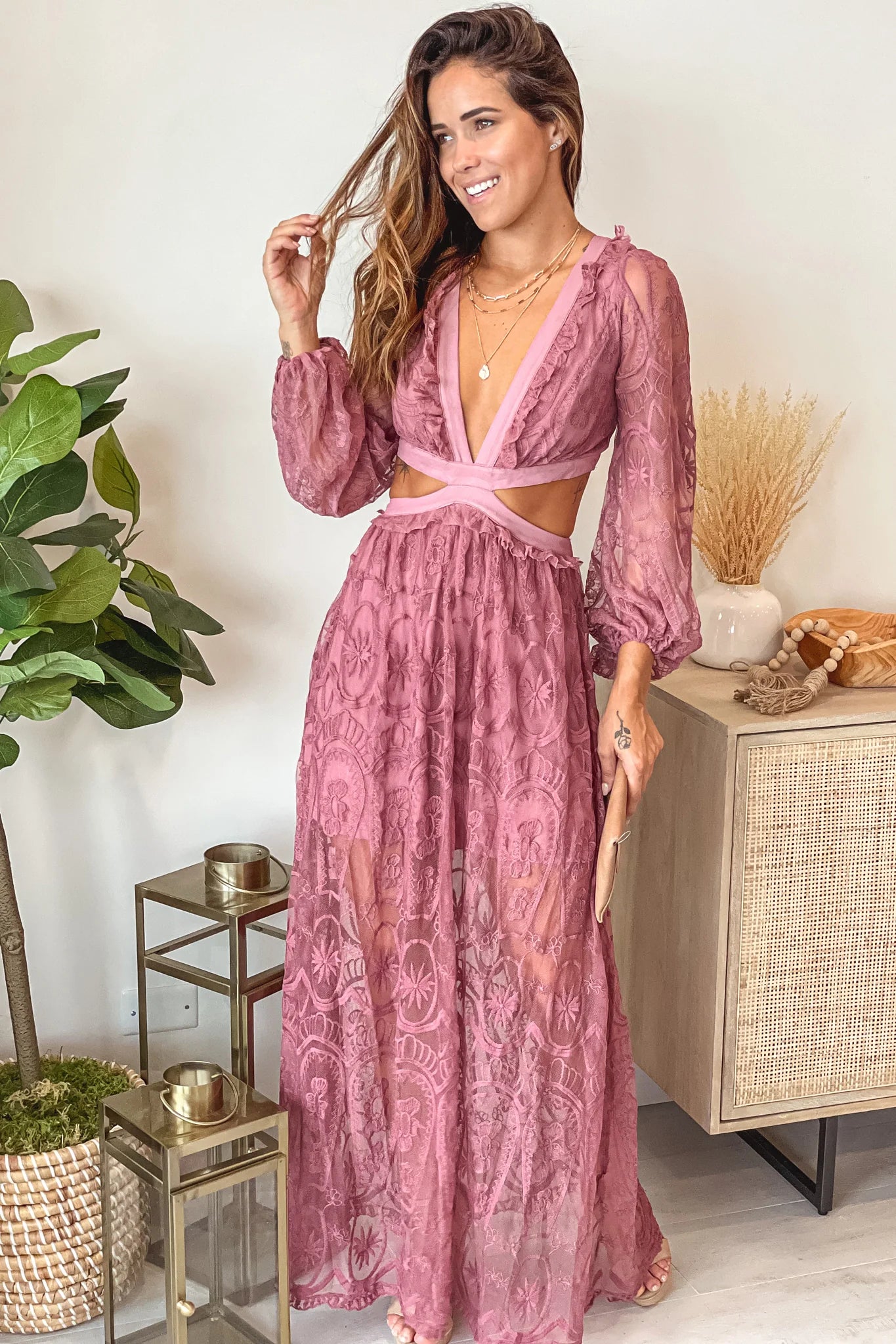 Dusty Mauve Lace Maxi Dress With Cut Out And Long Sleeves