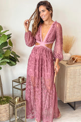 Dusty Mauve Lace Maxi Dress With Cut Out And Long Sleeves