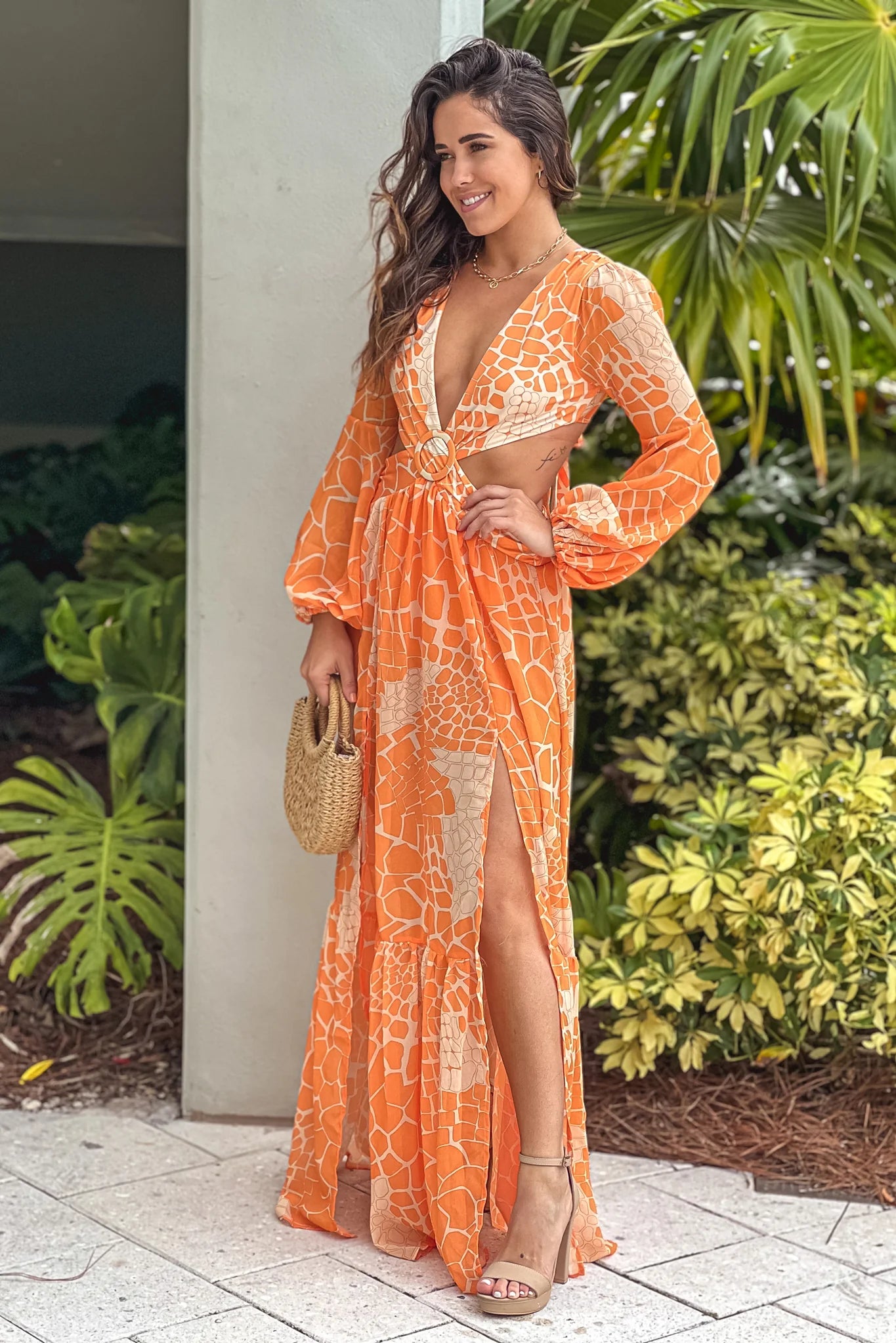 Orange Printed Maxi Dress with Cut Out