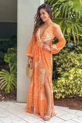 Orange Printed Maxi Dress with Cut Out