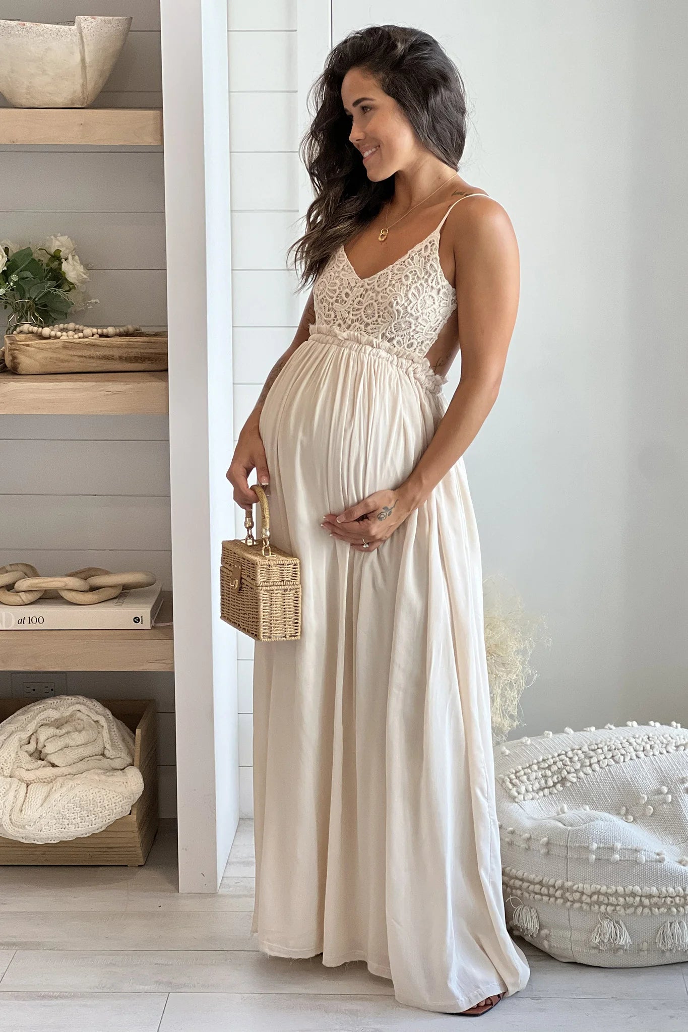 Taupe Crochet Top Maternity Maxi Dress With Open Back