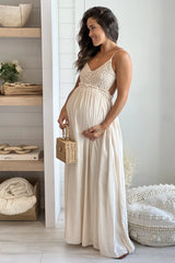 Taupe Crochet Top Maternity Maxi Dress With Open Back