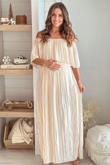 Champagne Pleated Satin Maternity Maxi Dress