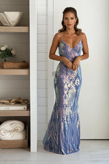 Dusty Blue Sequin Mesh Mermaid Maxi Dress