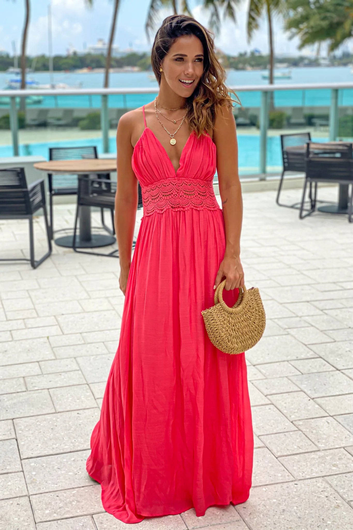 Coral Maxi Dress With Crochet Trim And Lining