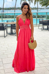 Coral Maxi Dress With Crochet Trim And Lining
