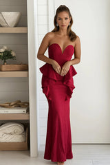 Red Mermaid Maxi Dress With Ruffled Detail