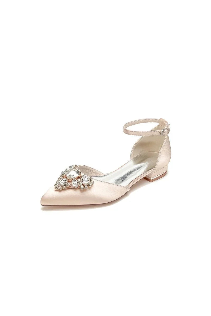 Satin Pointed Toe Ankle Strap Rhinestone Kitten Heels