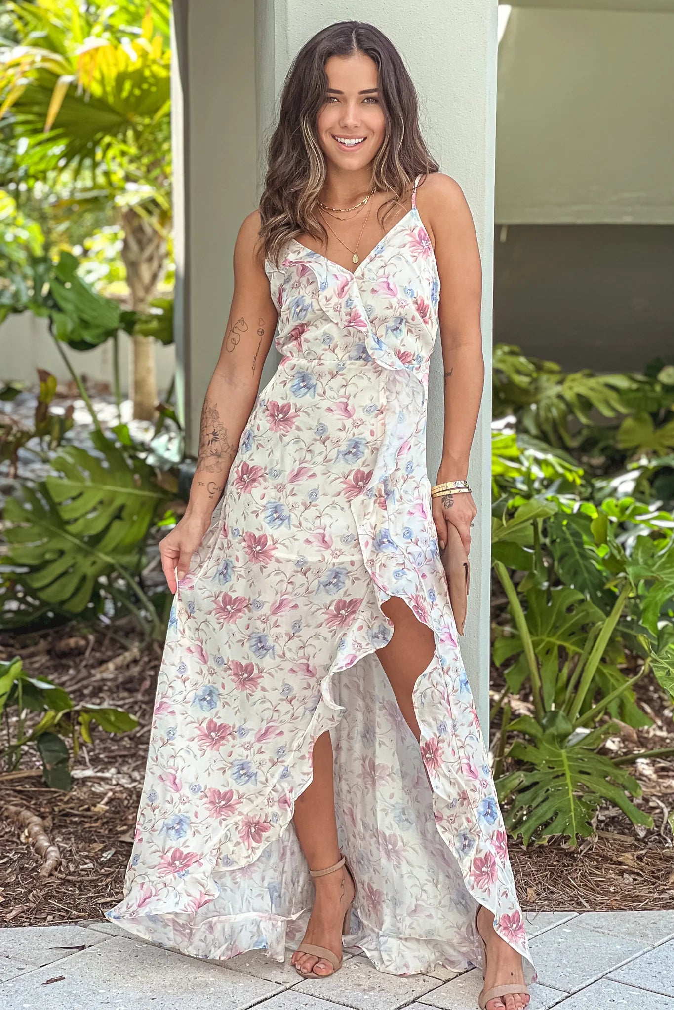 White Floral Satin Ruffled Dress