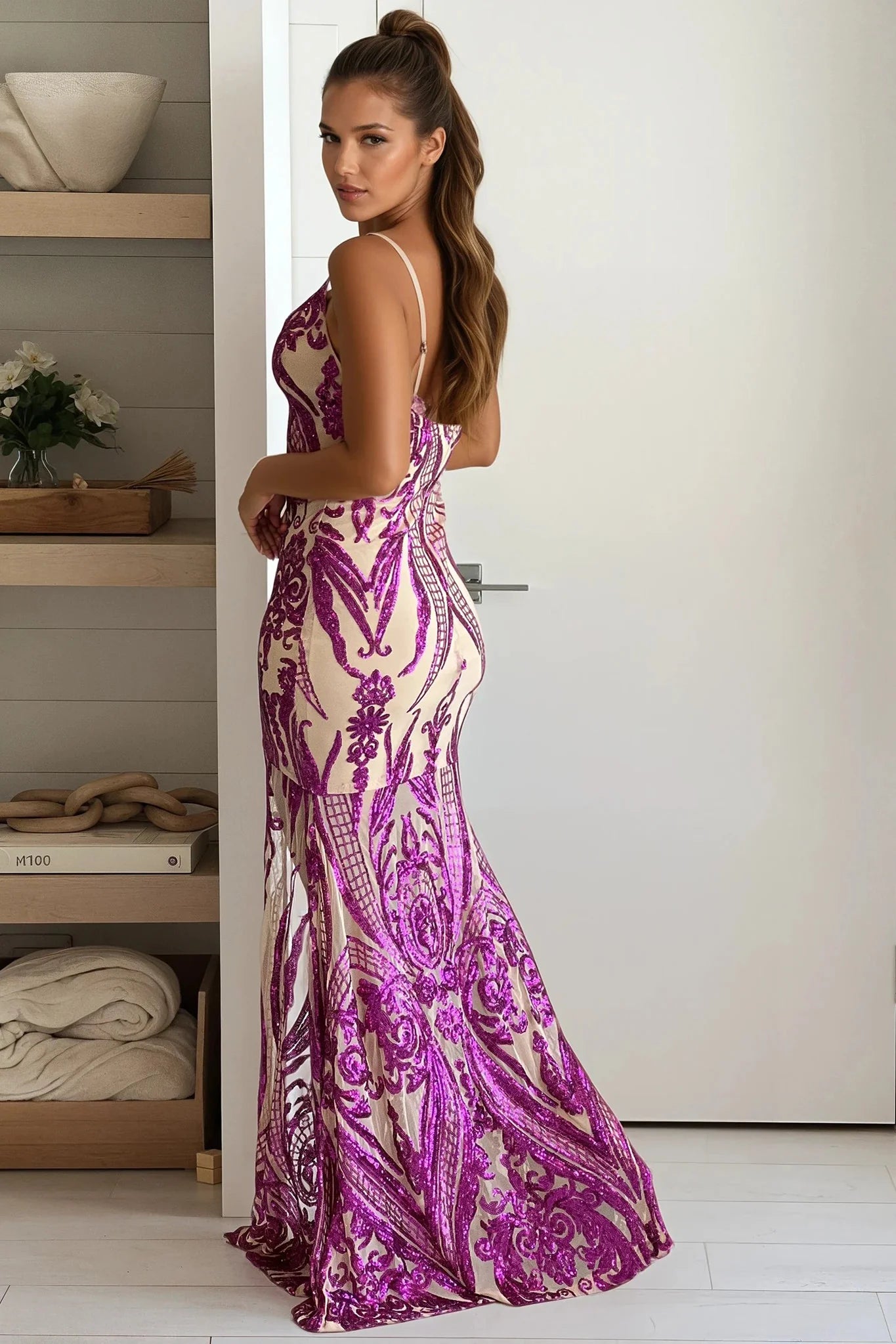 Nude And Fuchsia Sequin Maxi Dress With Front Slit