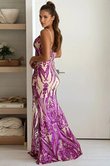 Nude And Fuchsia Sequin Maxi Dress With Front Slit